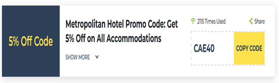 Metropolitan Hotel Dubai Show Coupon